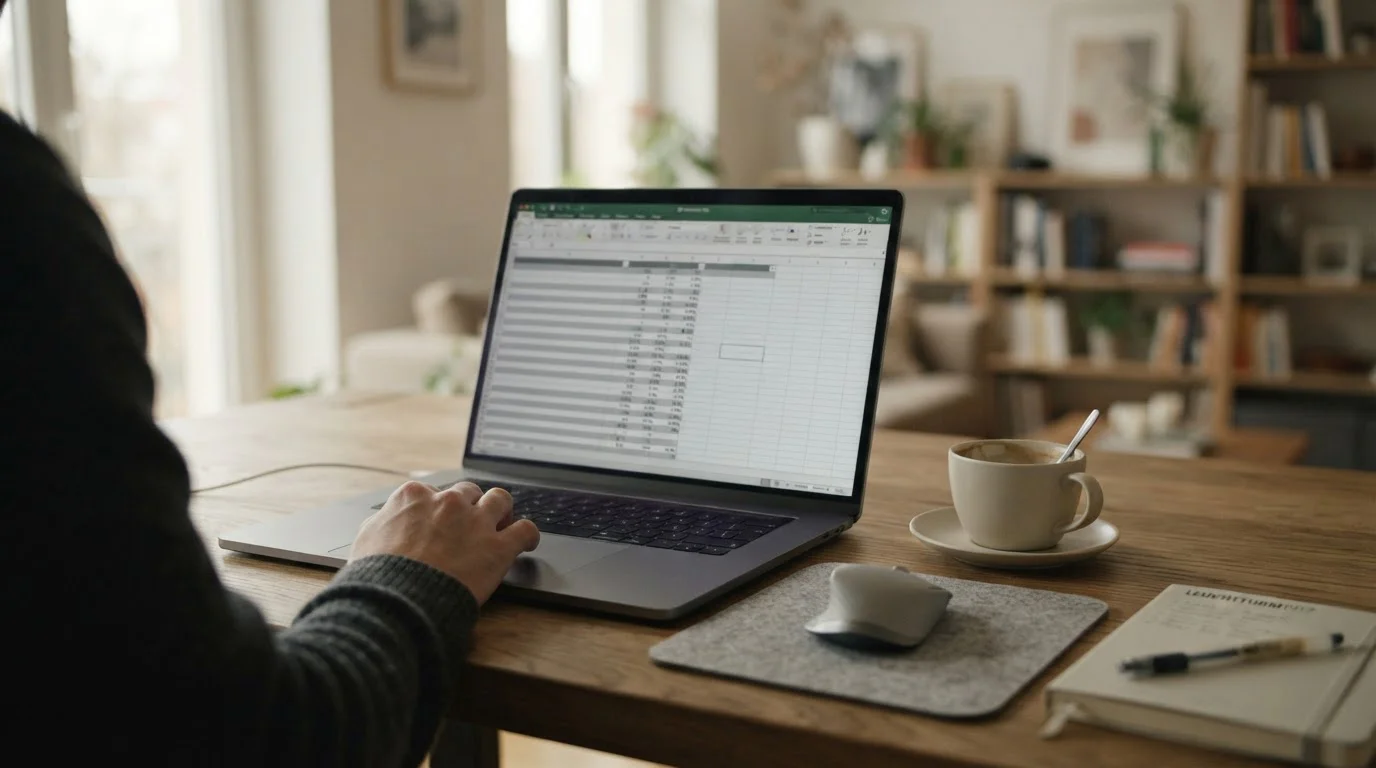 Vergleichstabelle mit leeren Spalten und Zeilen auf Laptop-Bildschirm, Kaffeetasse daneben
