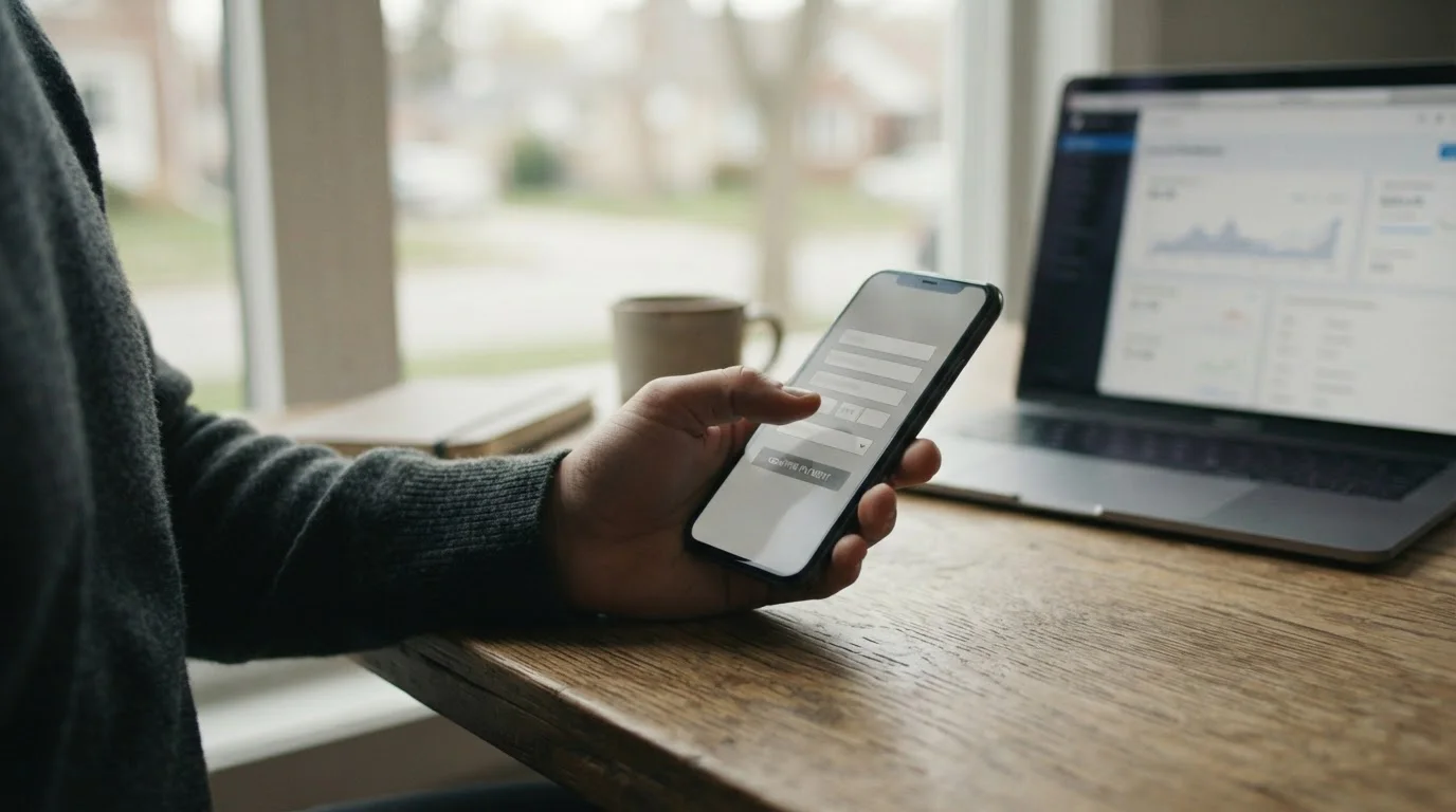 Hand tippt auf Smartphone mit neutralem Zahlungsformular, Laptop im Hintergrund zeigt leere Kontoübersicht