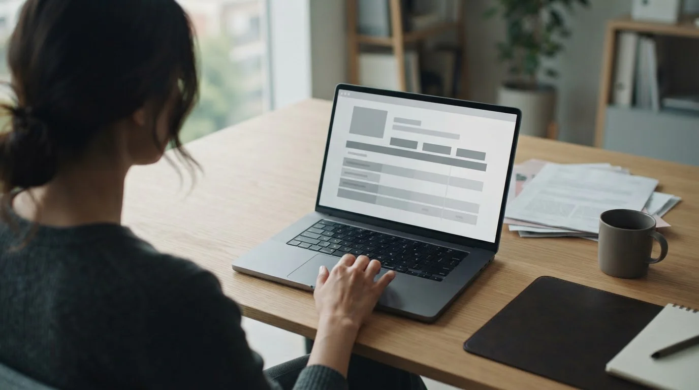 Schreibtisch mit Laptop und regulatorischen Dokumenten, Szene zeigt die Prüfung von Lizenzen und Anbieterlisten