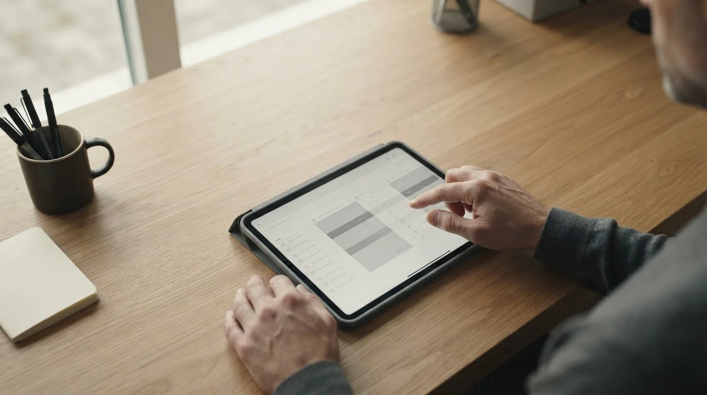 Schreibtisch mit Tablet, auf dem eine neutrale Vergleichstabelle zu sehen ist