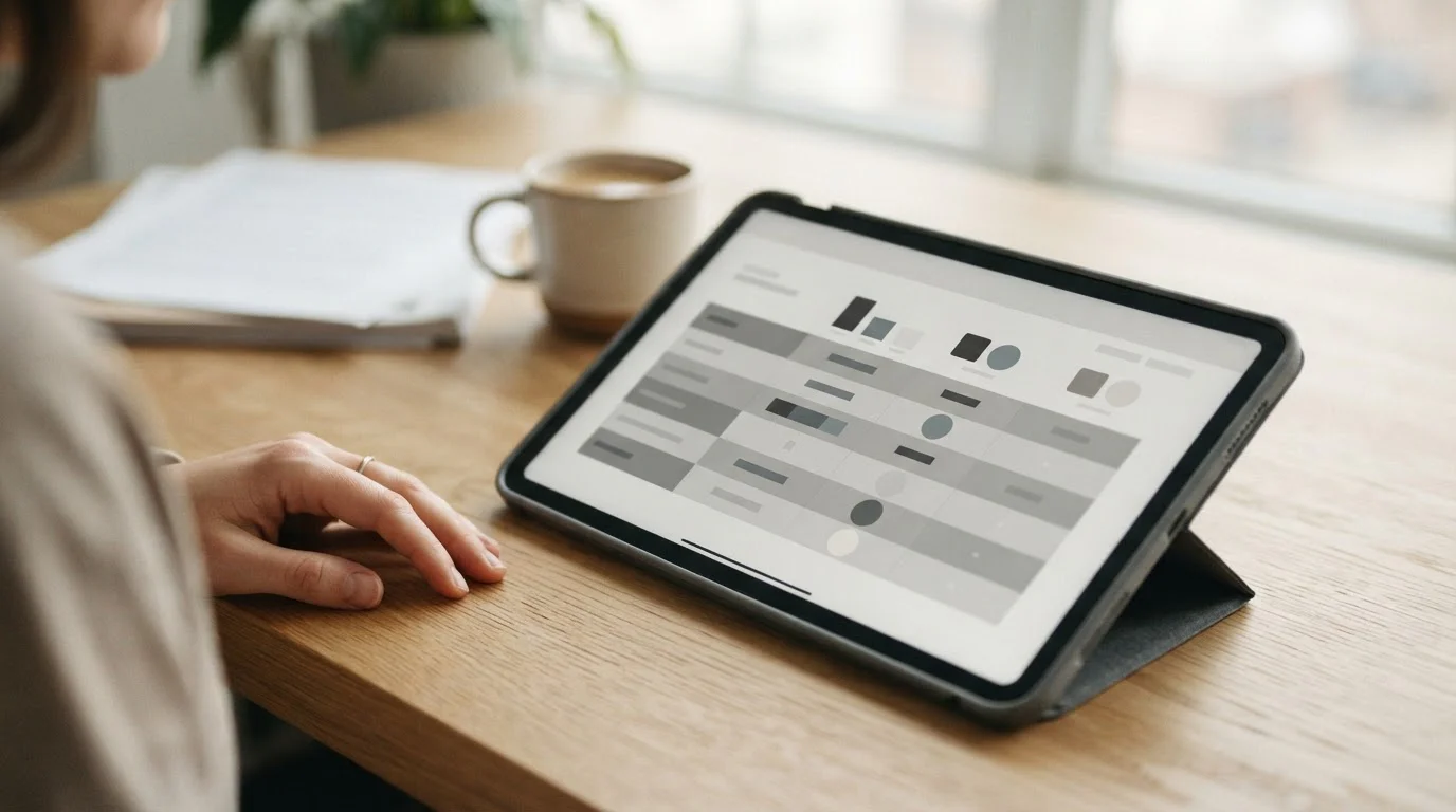 Vergleichstabelle auf Tablet-Bildschirm, neutrale Zeilen und Spalten