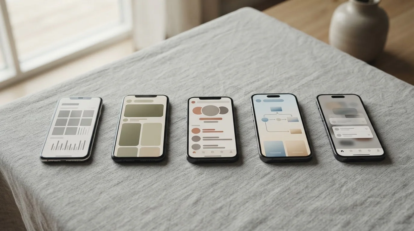 Mehrere Smartphones nebeneinander, jedes mit unterschiedlicher neutraler App-Oberfläche