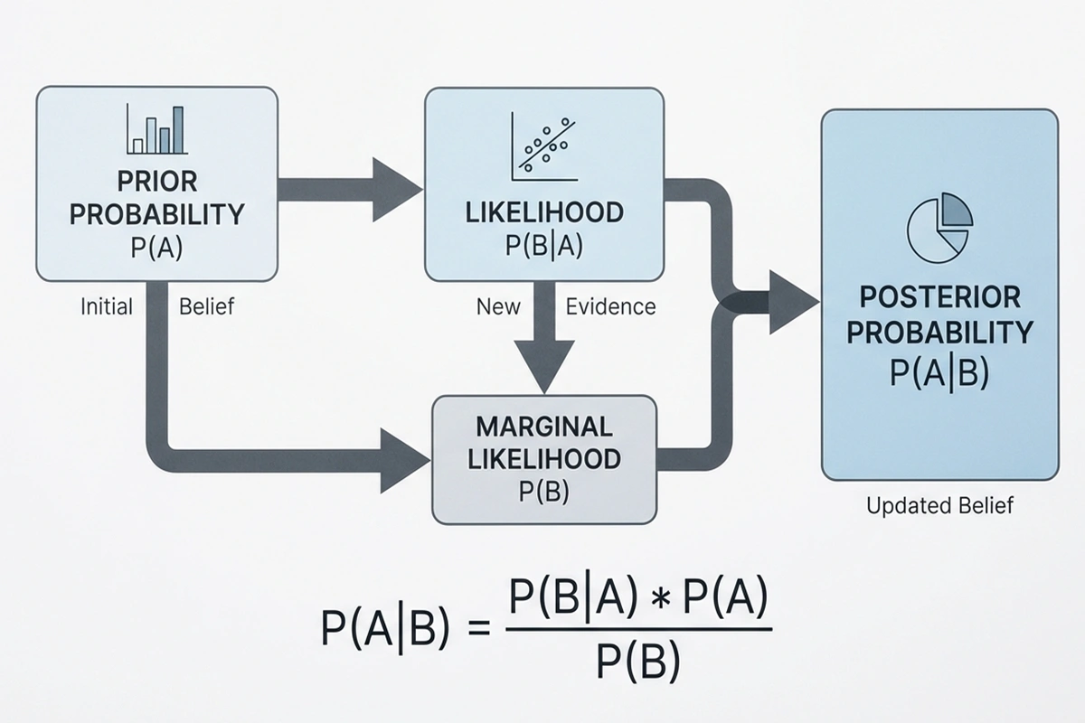 Schematische Darstellung des Bayes-Theorems mit Pfeilen und Wahrscheinlichkeiten