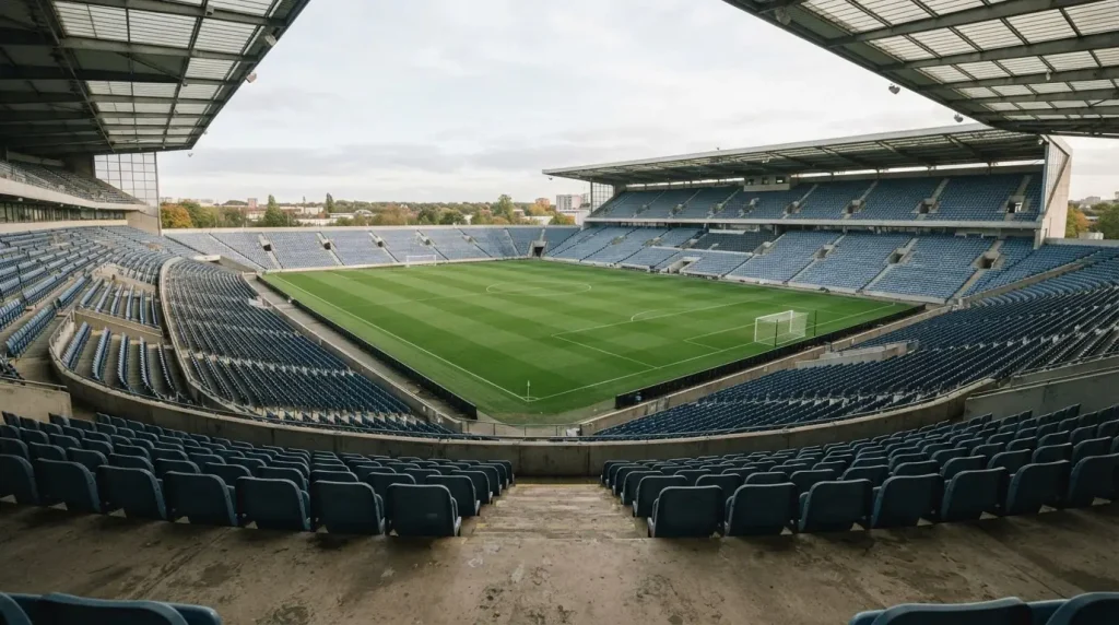 Fußballstadion mit grünem Rasen und Sitzreihen, Bildausschnitt zeigt die ruhige Atmosphäre vor dem Spiel