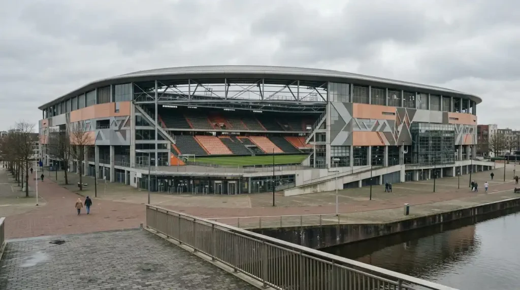 Fußballstadion in den Niederlanden bei Tageslicht mit Blick auf das Spielfeld