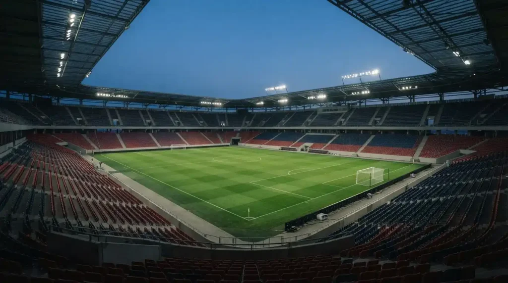 Fußballstadion bei Abenddämmerung mit leeren Rängen und Spielfeld im Fokus