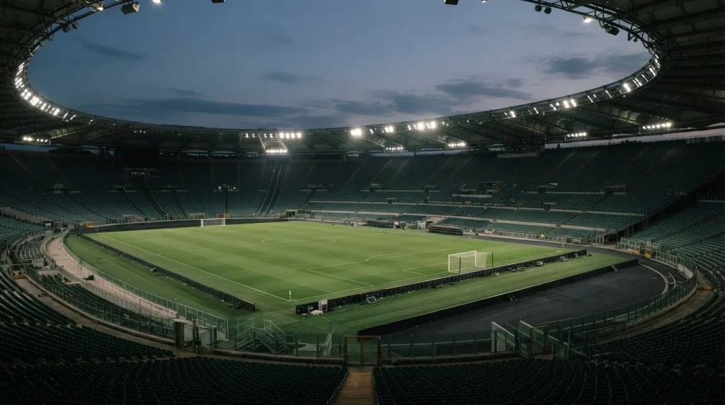 Fußballstadion der Serie A mit Flutlicht und leeren Rängen bei Abenddämmerung