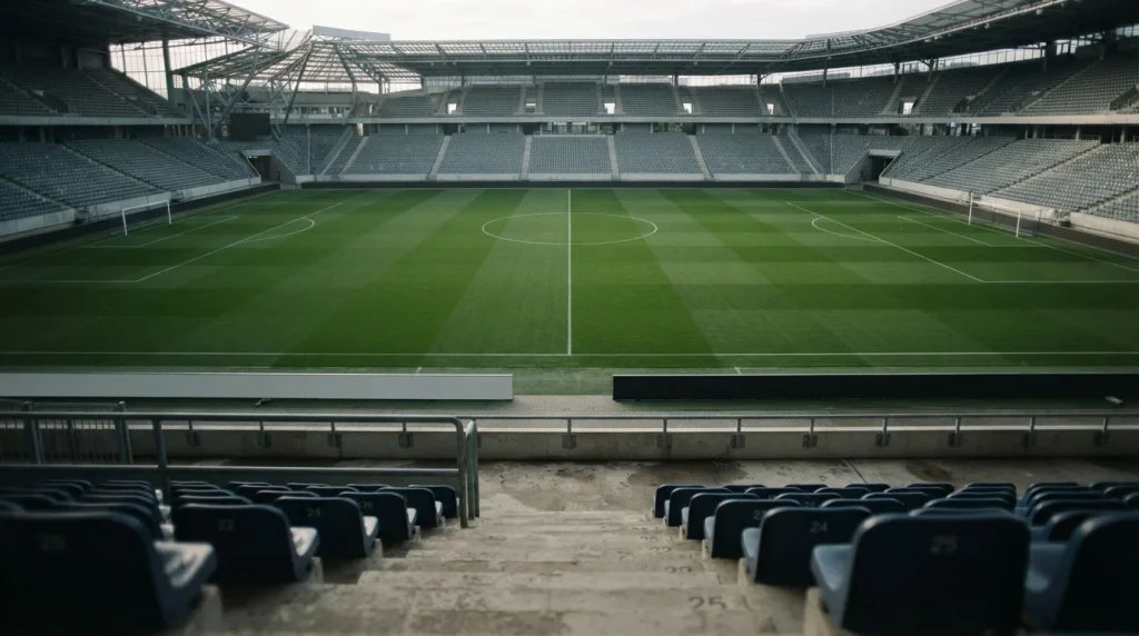 Fußballstadion der türkischen Süper Lig mit Blick auf den Rasen und leere Ränge