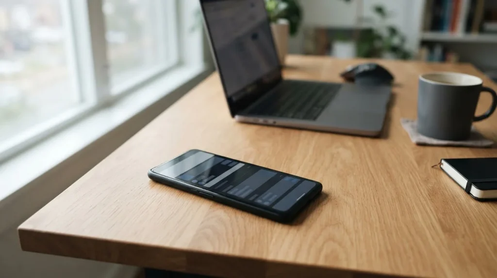 Smartphone mit Wett-App auf minimalistischem Schreibtisch neben geöffnetem Laptop