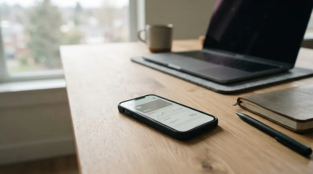 Smartphone mit PayPal-Interface neben Laptop auf Schreibtisch in natürlichem Licht