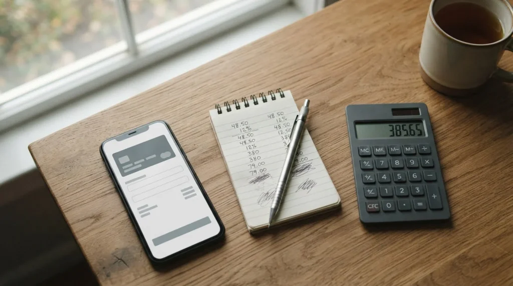 Smartphone mit Aircash-Zahlungsbildschirm neben Taschenrechner und Notizen zu Gebühren und Limits
