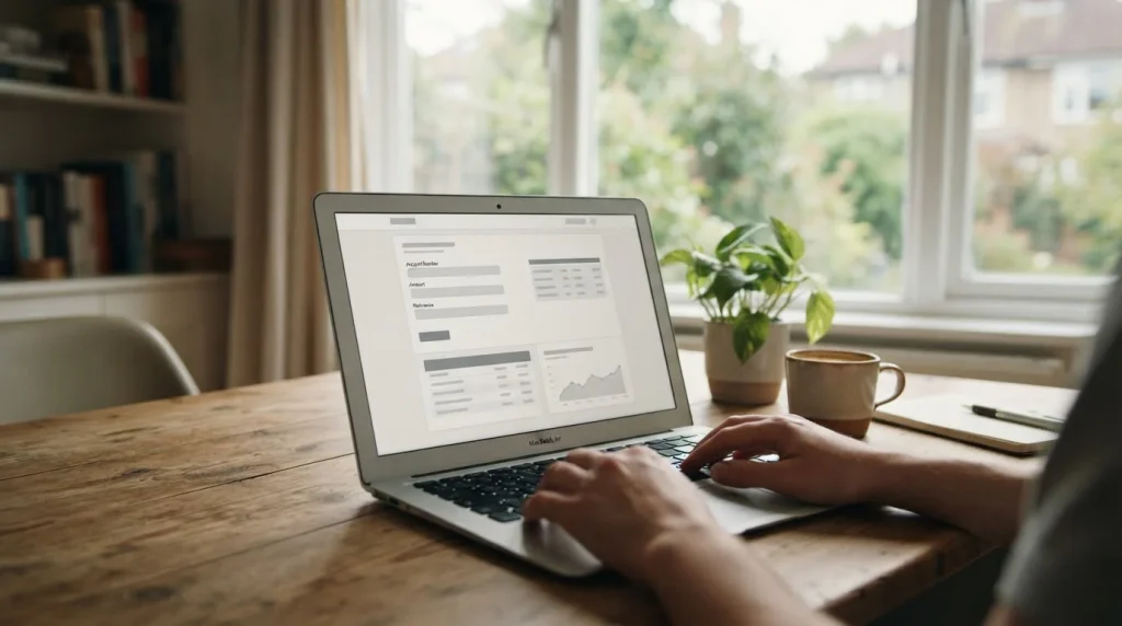 Laptop mit Banküberweisungsformular auf dem Bildschirm, im Hintergrund warmes Tageslicht