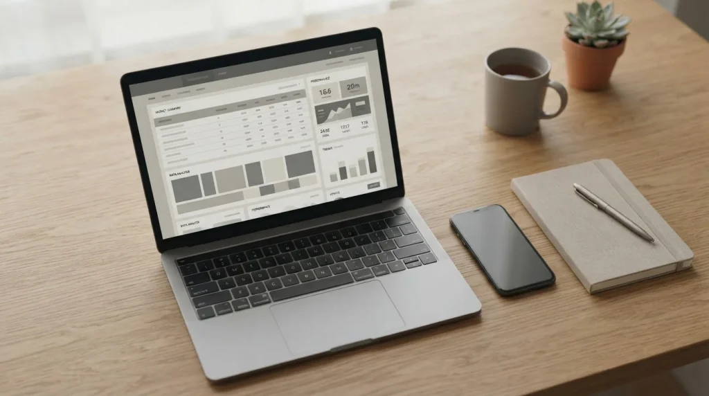 Laptop mit neutraler Wettplattform und Smartphone auf Schreibtisch, symbolisiert anonyme Wettanbieter