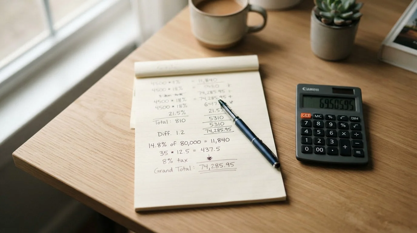 Handschriftliche Berechnung von Bonusbedingungen mit Taschenrechner