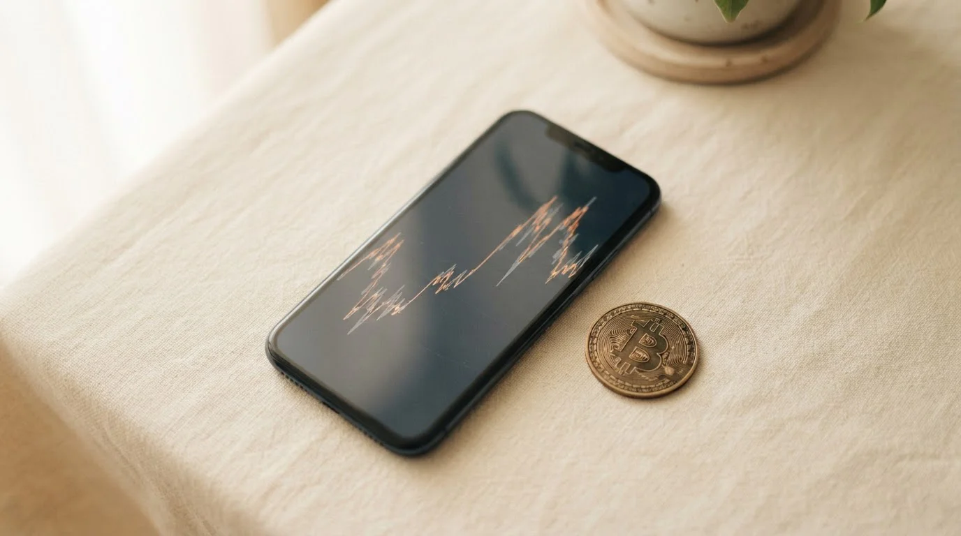 Smartphone mit abstraktem Kursverlauf neben Bitcoin-Symbol