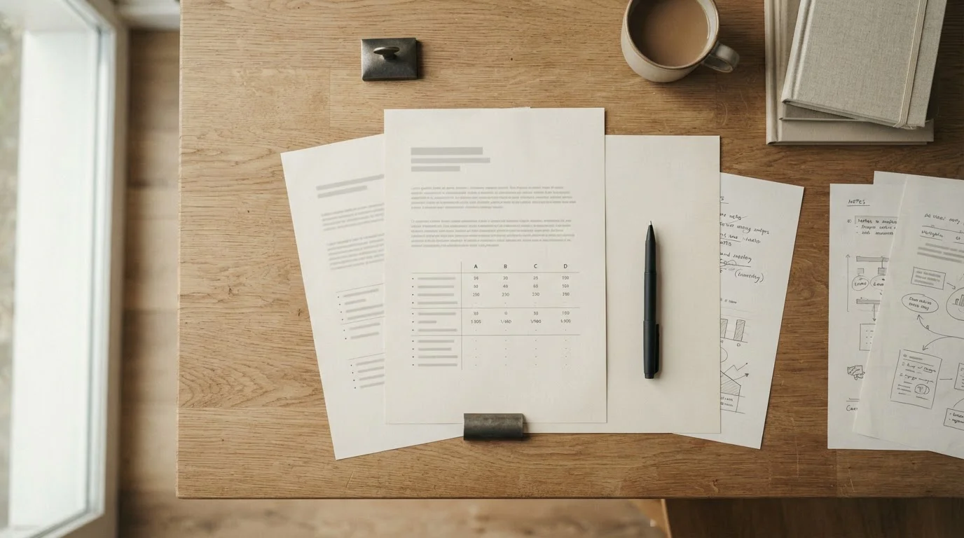 Schreibtisch mit neutralen Dokumenten und Stift für Anbietervergleich