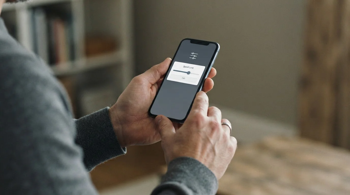 Hände halten Smartphone, auf dem ein Einzahlungslimit gesetzt wird