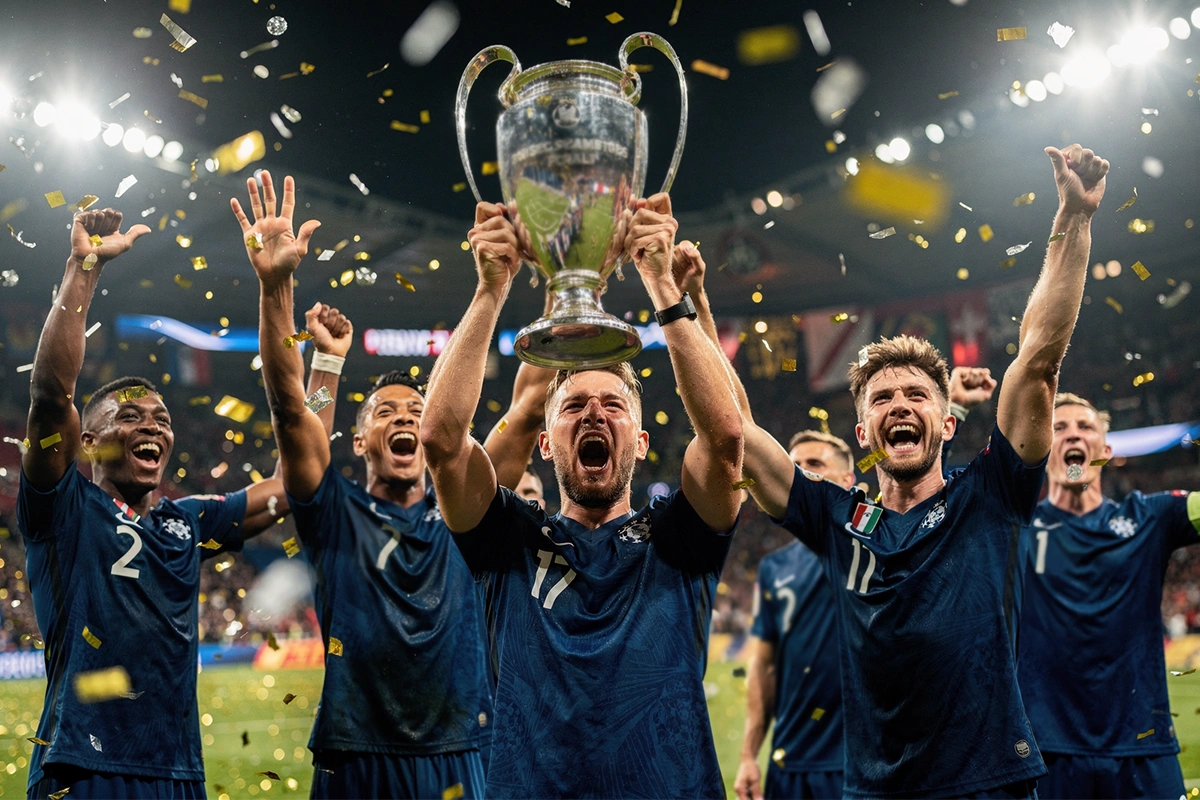 Siegermannschaft feiert mit Konfetti und Pokal nach einem Champions-League-Finale