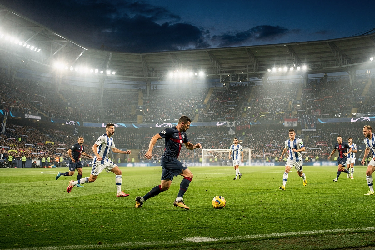 Champions-League-Abend mit Flutlicht in einem europäischen Stadion