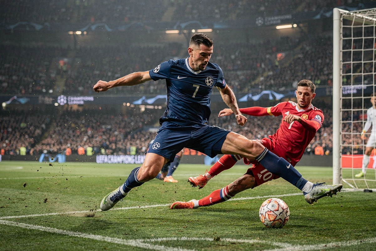 Intensive Spielszene eines Champions-League-Spiels mit Angriff auf das Tor