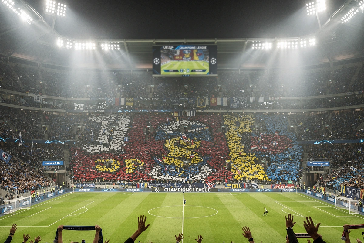 Volle Tribüne eines Champions-League-Stadions mit enthusiastischen Fans und Choreografie