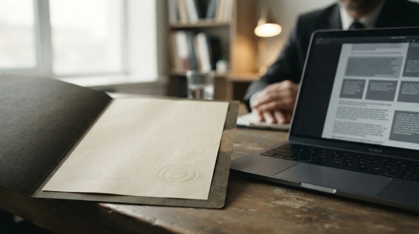 Aufgeschlagenes Dokument mit gestempeltem Siegel neben Laptop