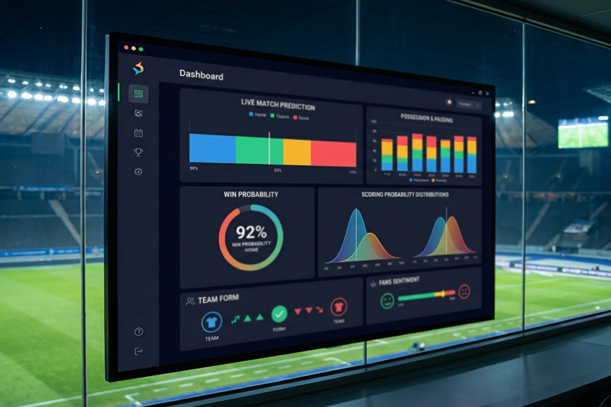 Dashboard zeigt verschiedene Datenvisualisierungen und Wahrscheinlichkeitsverteilungen