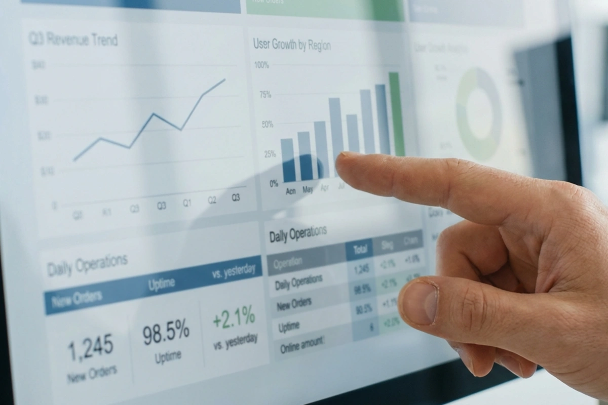 Nahaufnahme einer Hand die auf einen Bildschirm mit Datenvisualisierungen zeigt