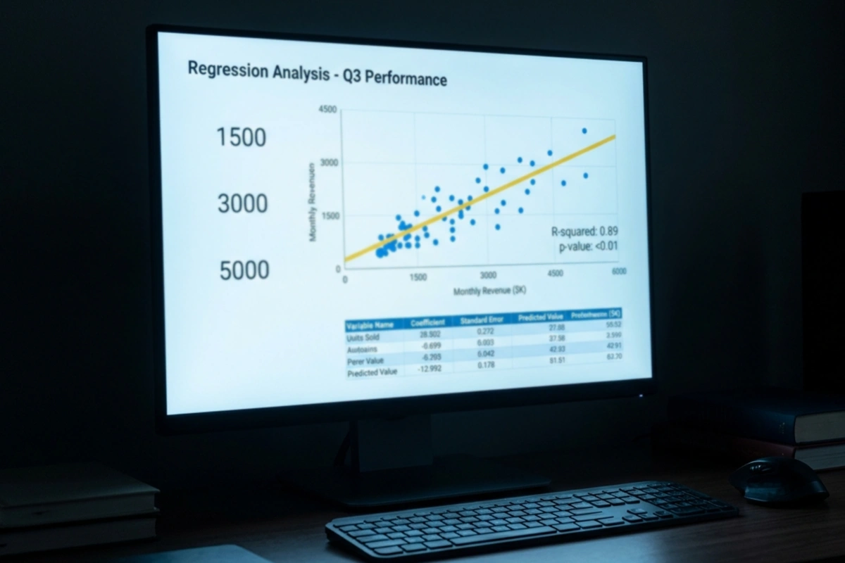 Computerbildschirm zeigt Regressionsanalyse mit Datenpunkten und Trendlinie