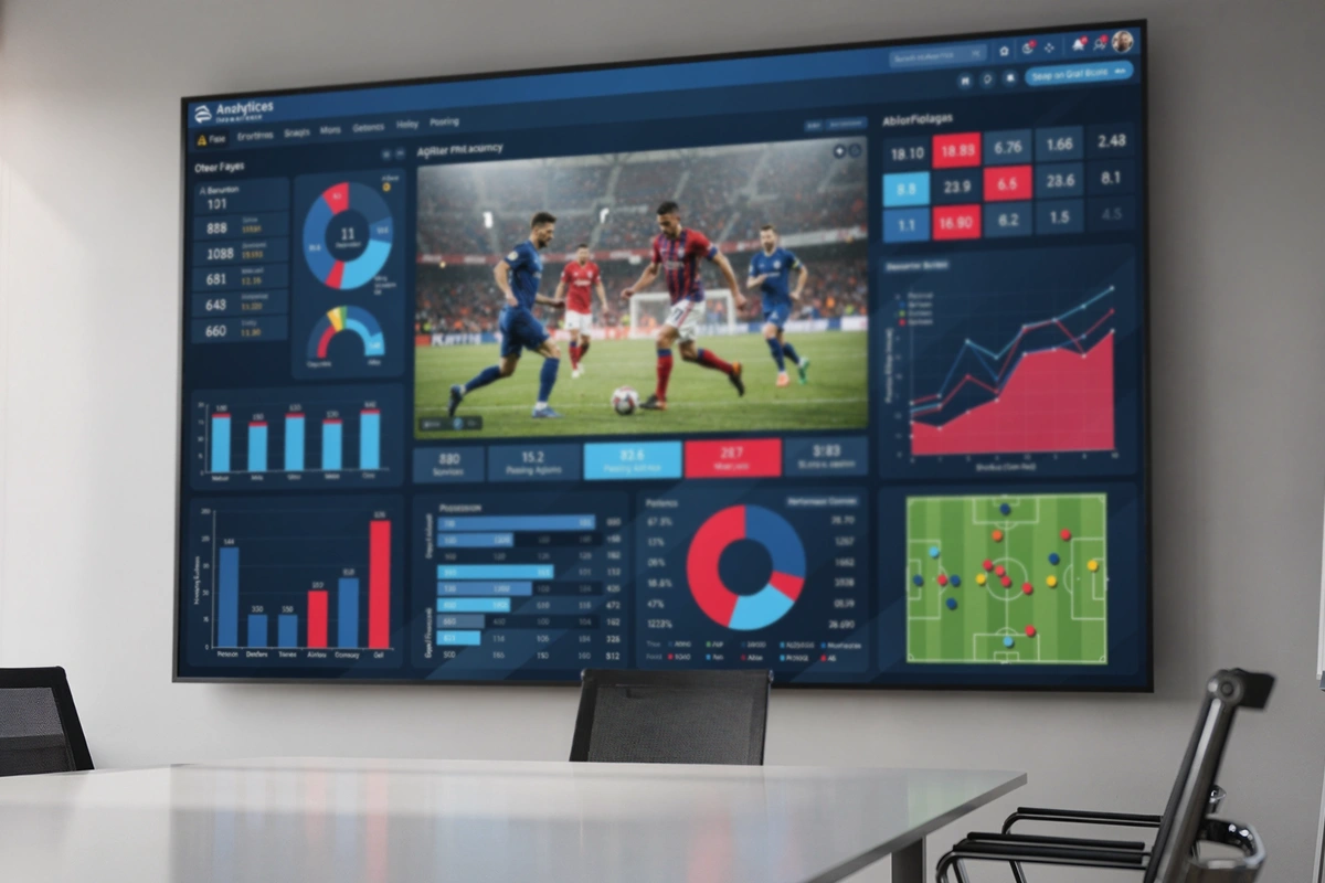 Großer Bildschirm zeigt farbige Diagramme und Statistiken zu Fußballmannschaften