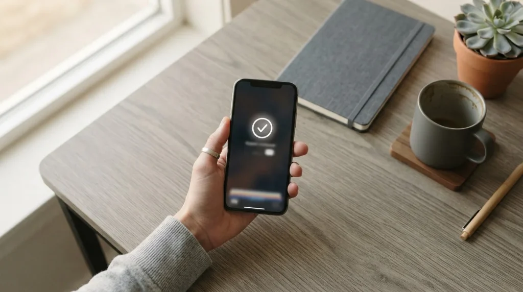 Person hält iPhone mit Apple Pay Interface über minimalistischem Schreibtisch