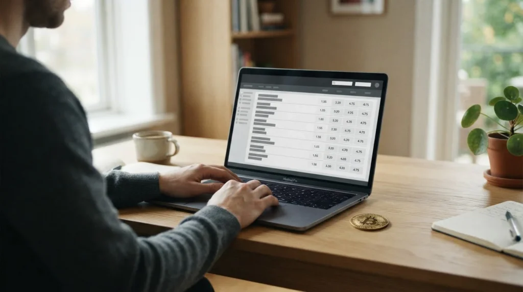 Bitcoin-Symbol neben neutralem Wettanbieter-Interface auf Laptop-Bildschirm