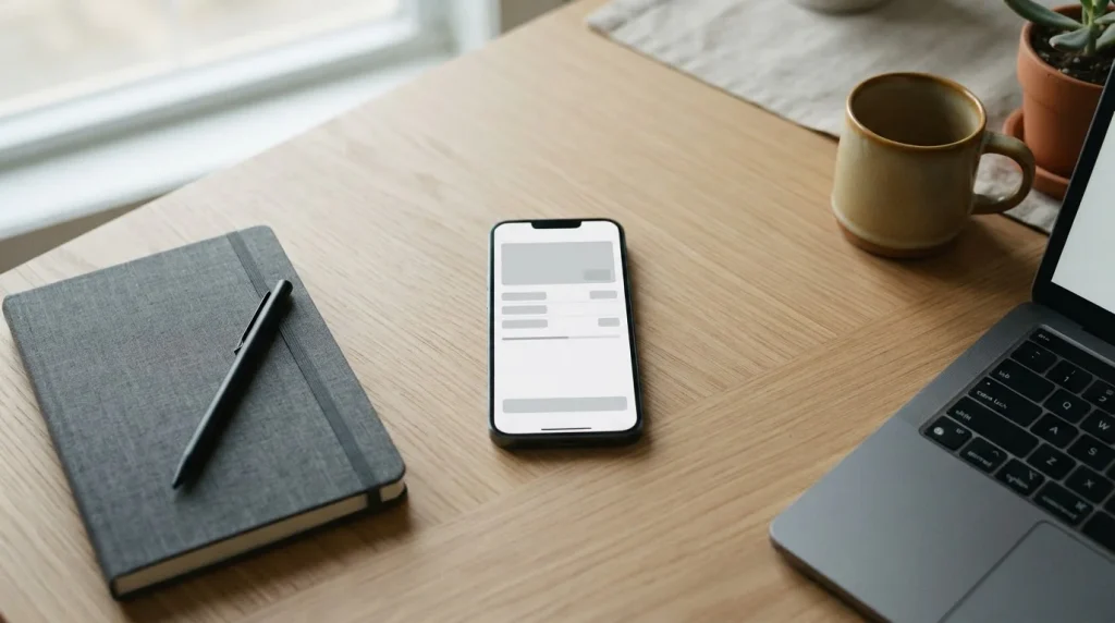 Smartphone mit Payz-Zahlung auf dem Tisch neben Laptop und Notizbuch