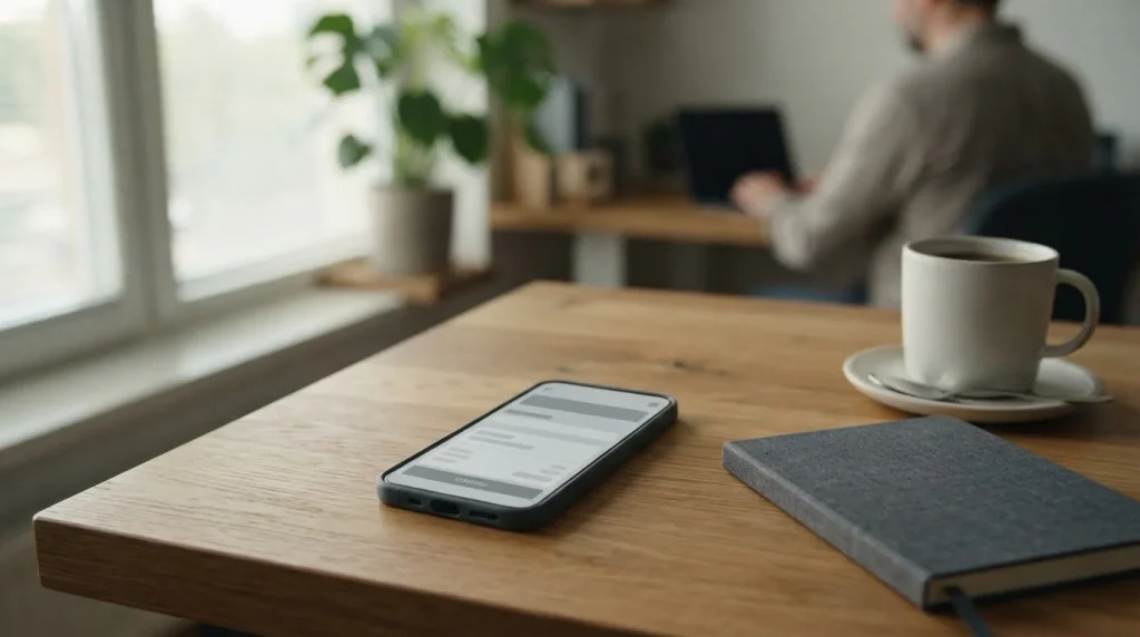 Smartphone mit Klarna-Zahlungsschnittstelle auf einem Schreibtisch neben Notizen zu Wettanbietern