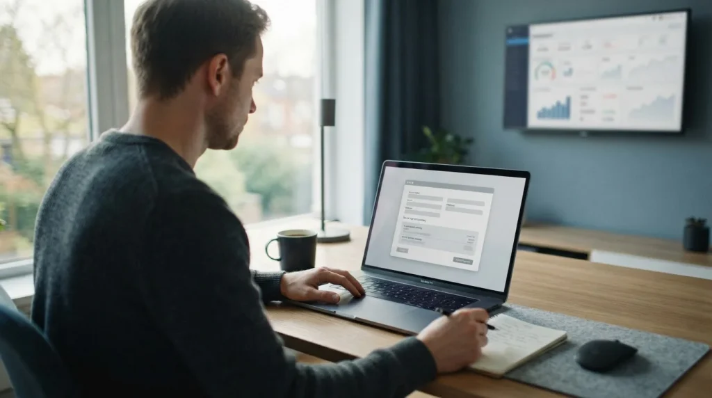 Laptop mit abstraktem Zahlungsformular und Sportwetten-Interface im Hintergrund