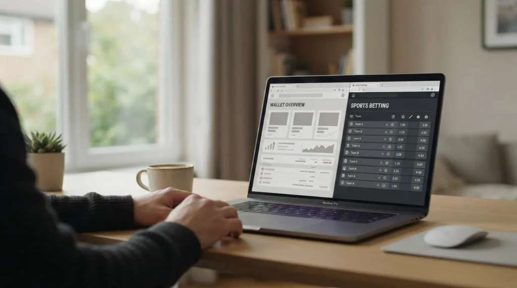Laptop mit Krypto-Wallet und Sportwetten-Interface auf hellem Schreibtisch