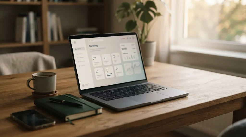 Laptop mit Banküberweisungs-Interface auf Holztisch, symbolisiert moderne Zahlungsmethoden bei Sportwetten