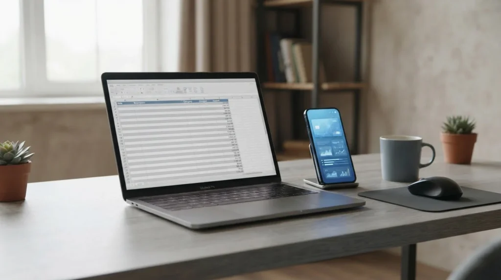 Smartphone mit neutraler Zahlungs-App neben Laptop auf Schreibtisch, sachliche Darstellung digitaler Transaktionen