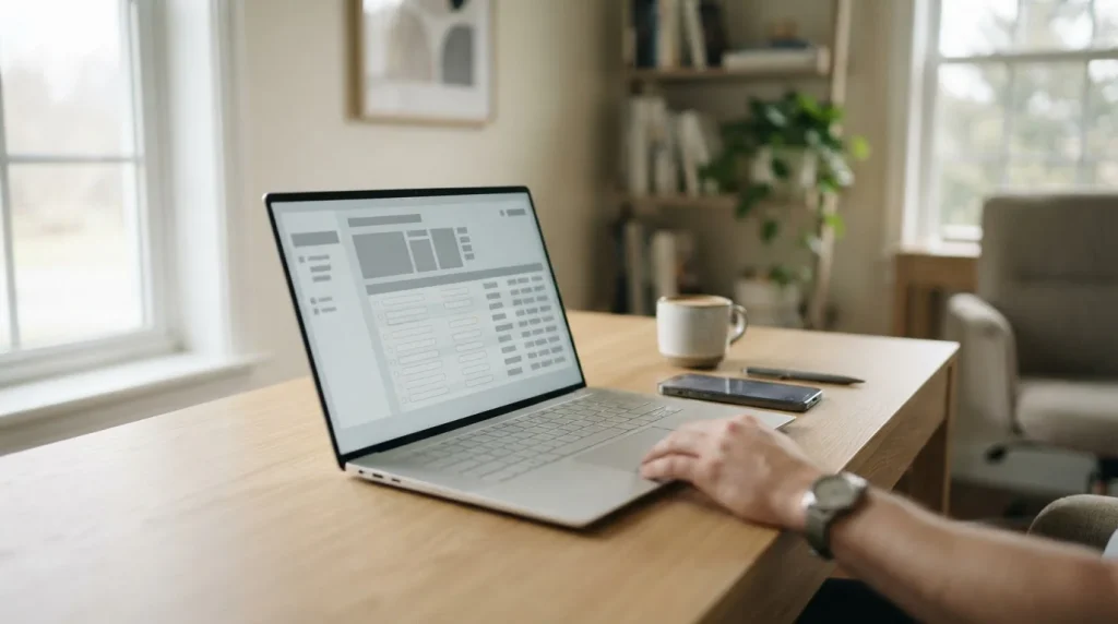 Laptop mit Zahlungsschnittstelle und Smartphone auf hellem Schreibtisch