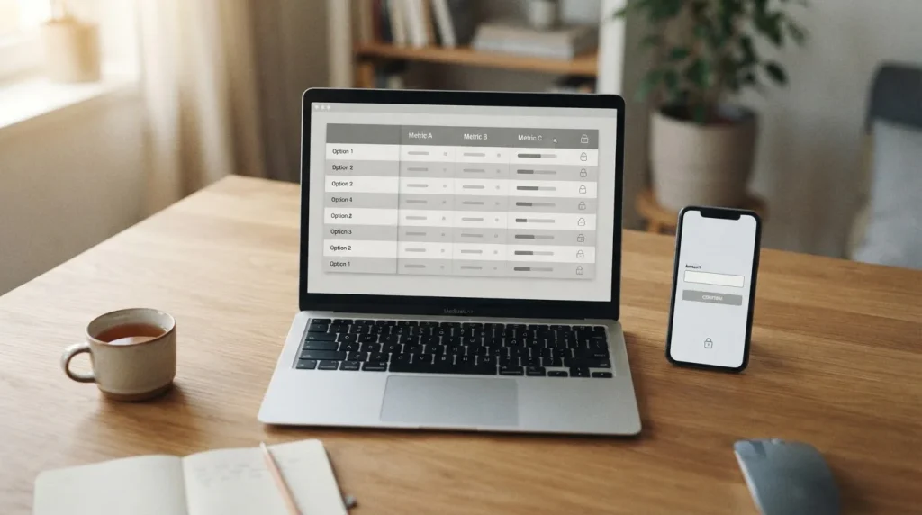 Schreibtisch mit Laptop und Smartphone für Sportwetten-Vergleich