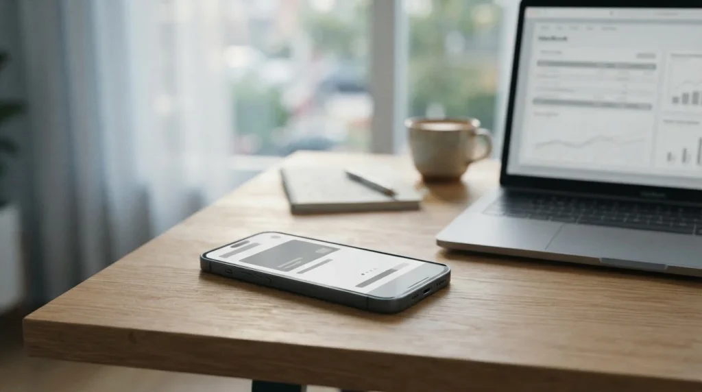 Smartphone mit mobiler Zahlungs-App auf einem Schreibtisch neben Laptop