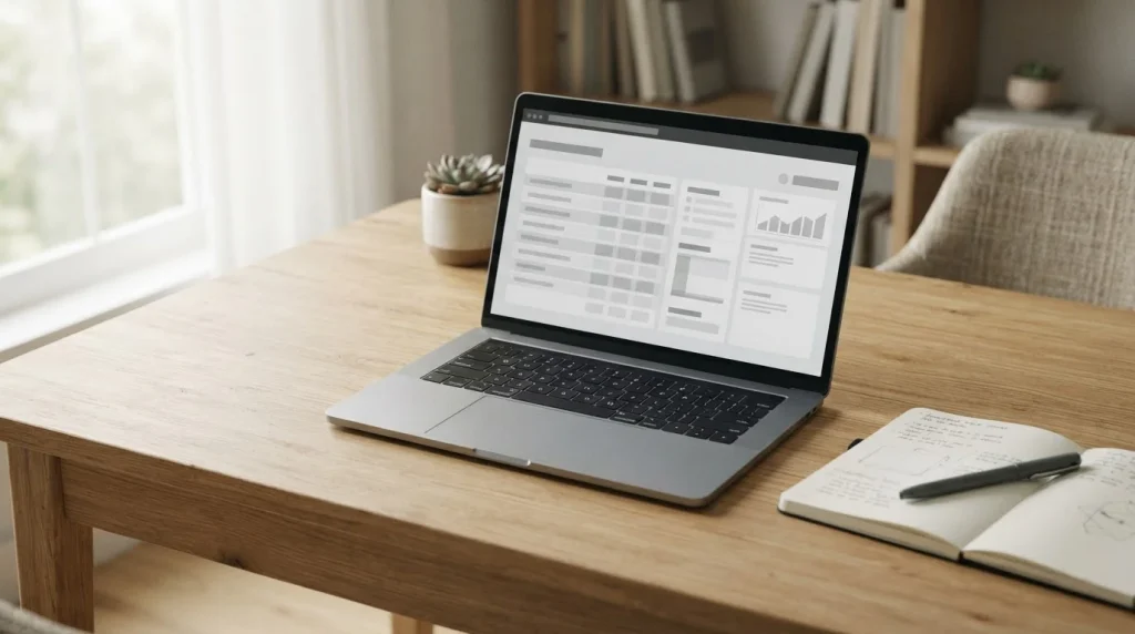 Laptop mit abstrakten Wettanbieter-Optionen auf dem Bildschirm, von oben fotografiert