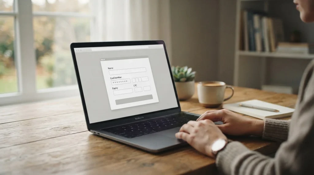 Laptop mit leerer Einzahlungsmaske auf Holztisch, helles Tageslicht
