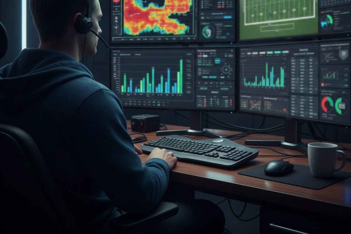 Analyst betrachtet mehrere Bildschirme mit Fußballstatistiken und Leistungsdaten