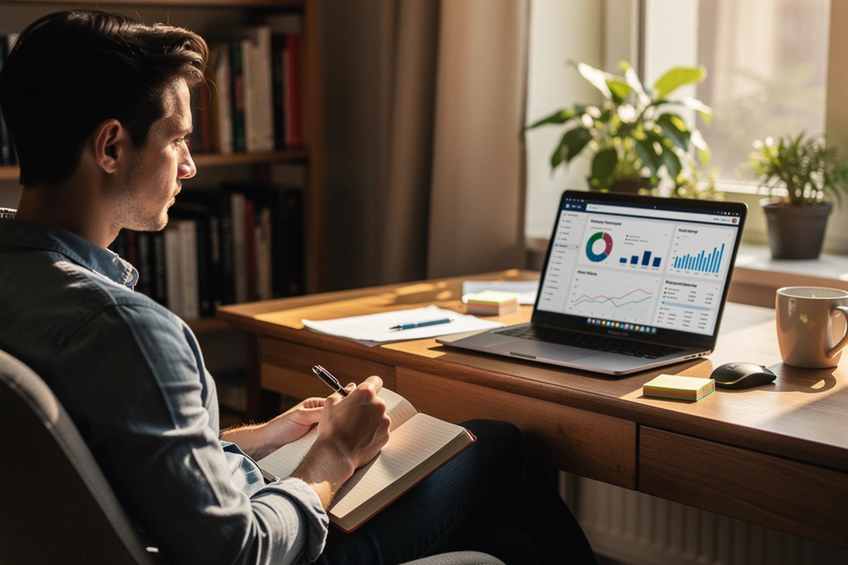 Person entwickelt eine Analysestrategie am Laptop mit Notizblock