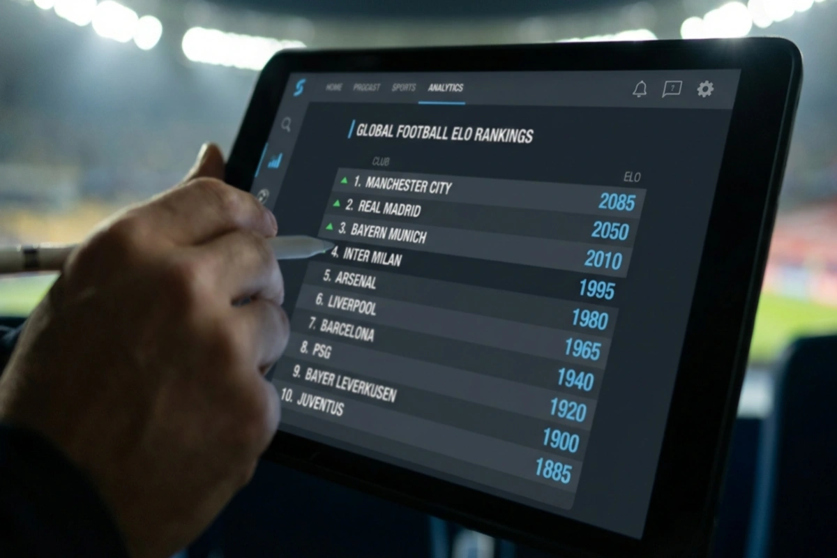 Digitale Rangliste zeigt Fußballmannschaften mit Elo-Rating-Punktzahlen