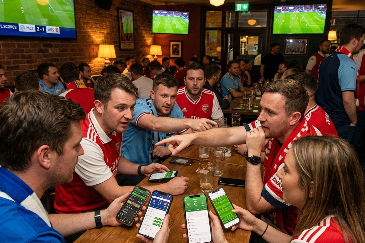 Fußballfans schauen auf Smartphones mit Live-Spielständen mehrerer Partien