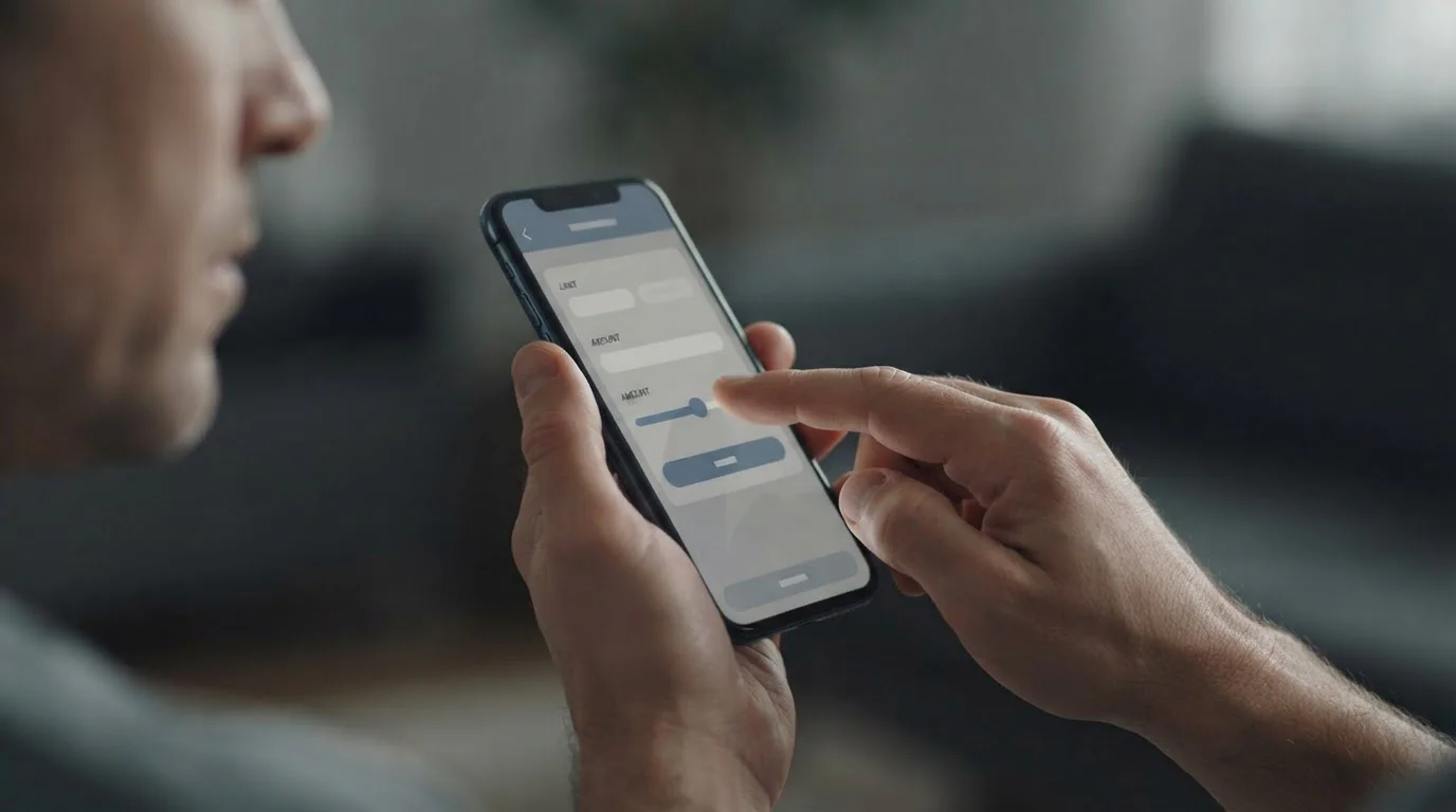 Hand stellt Limit am Smartphone ein, Symbol für Selbstkontrolle beim Wetten