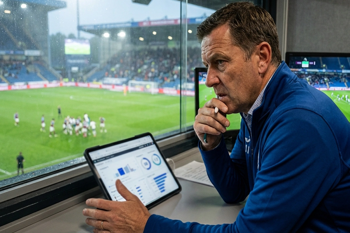 Fußballexperte analysiert ein Spiel mit konzentriertem Blick