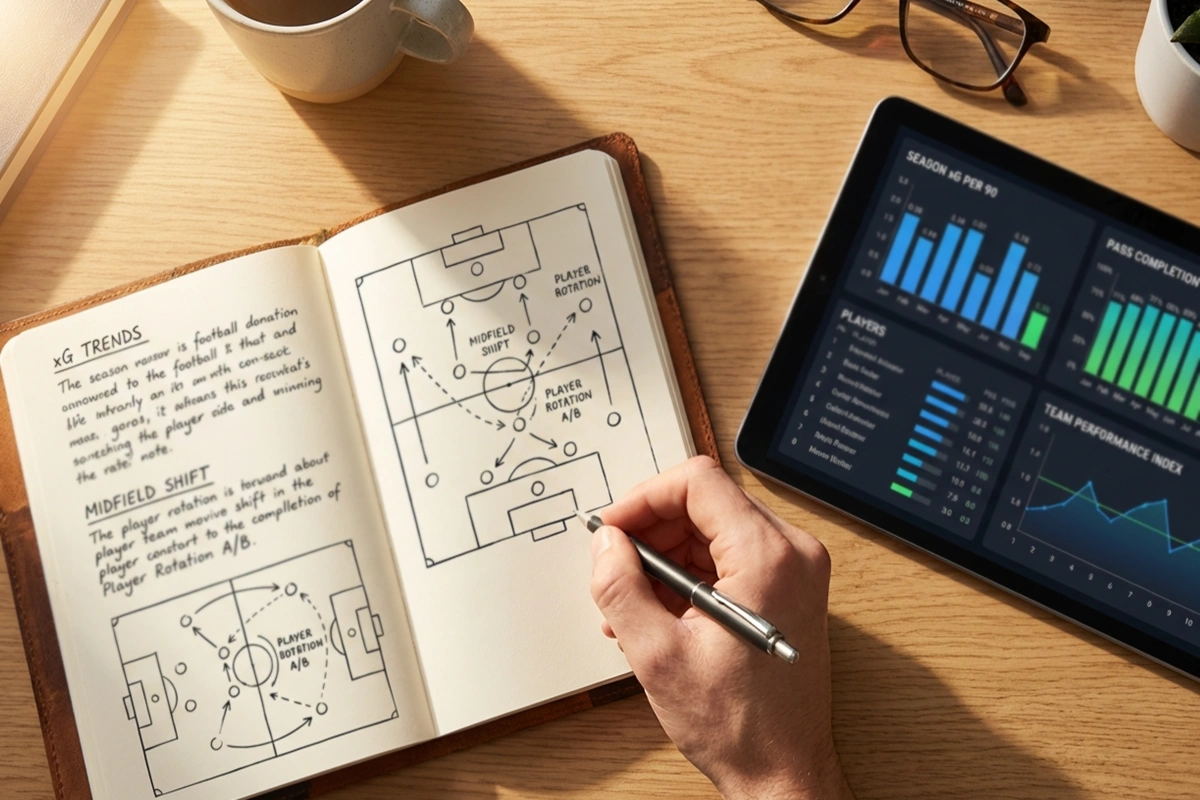 Notizbuch mit handgeschriebenen Fußballanalysen neben einem Tablet mit xG-Statistiken